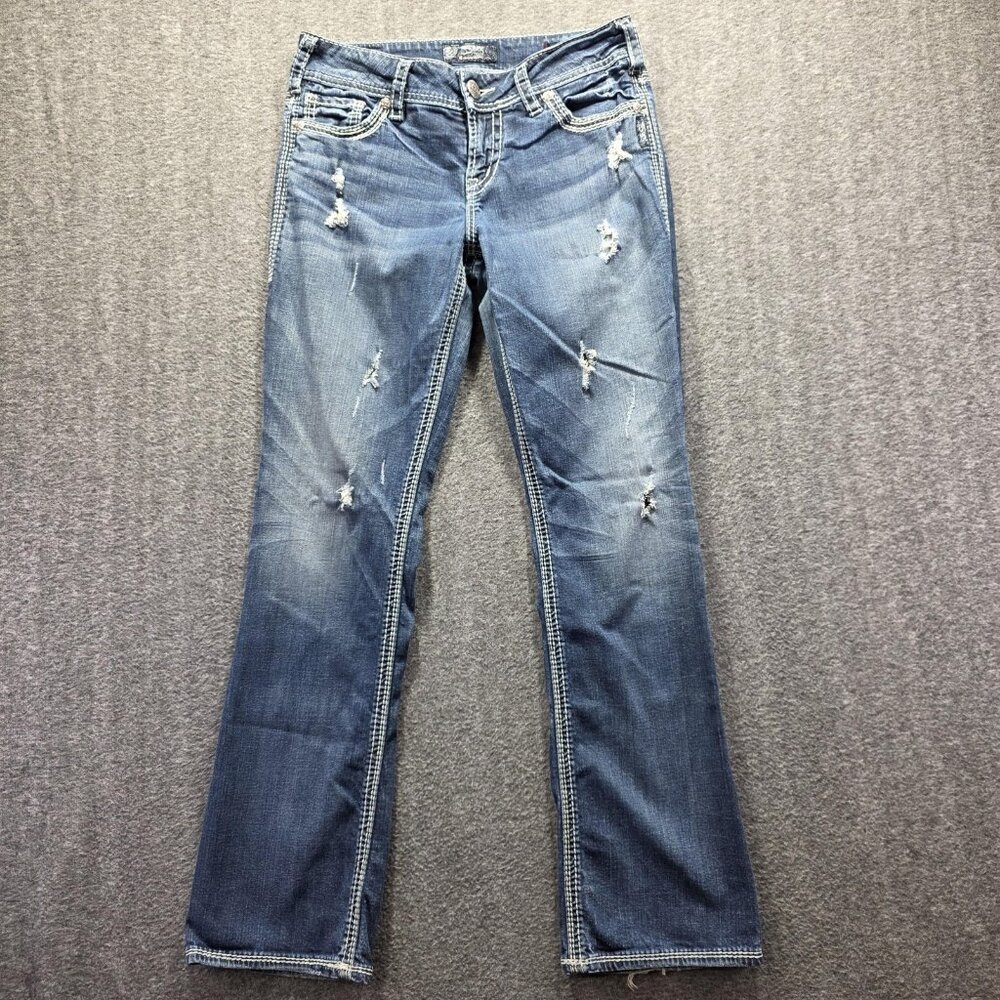 Silver Jeans Suki 17 Jeans Womens 29x31 Blue Super Stretch Bootcut Distressed